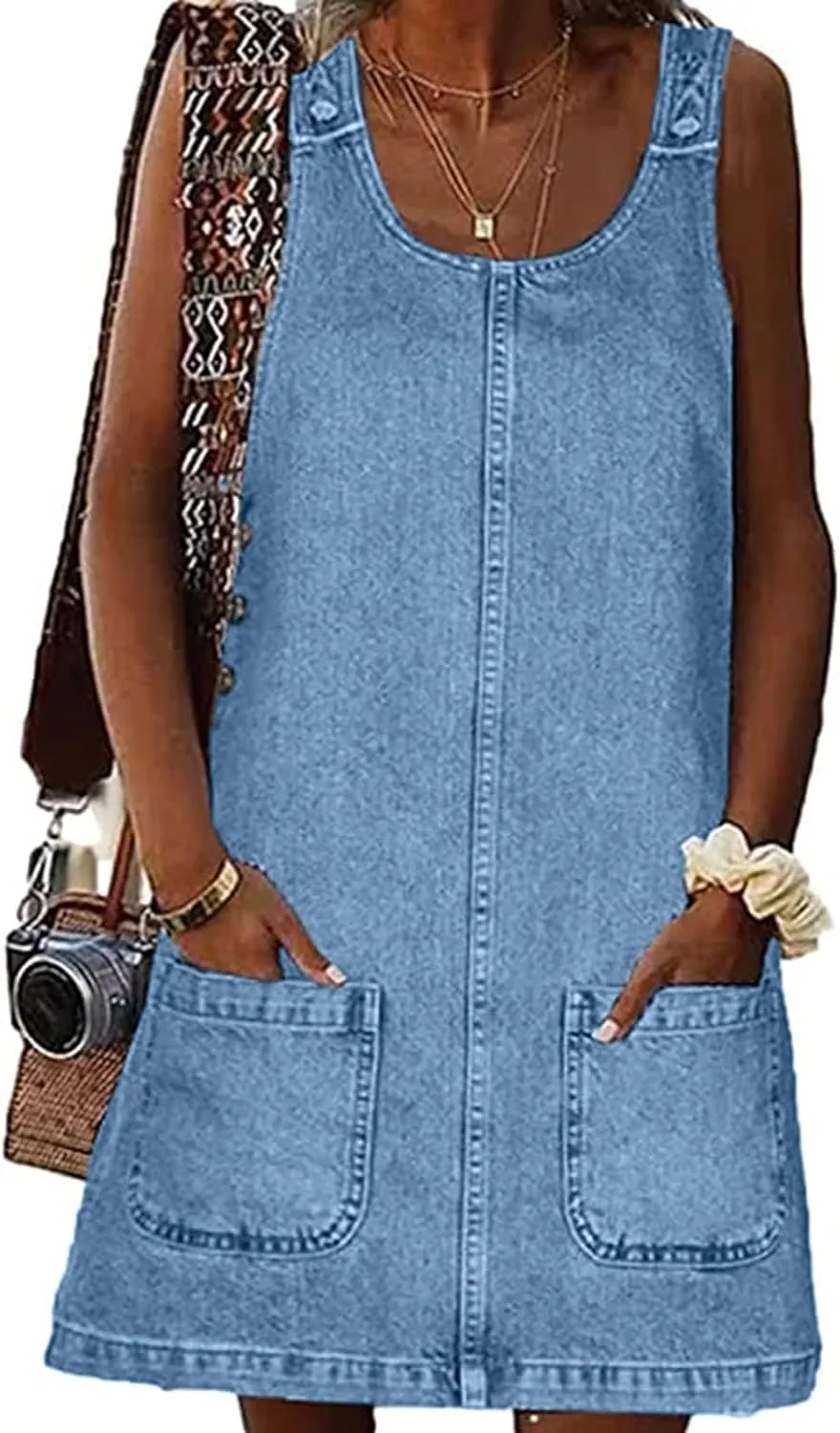 Women's Denim Dress Sleeveless Casual Crewneck Vintage Overall Dress Jean Mini Dresses with Pockets