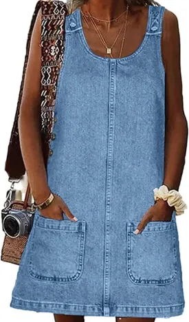 Women's Denim Dress Sleeveless Casual Crewneck Vintage Overall Dress Jean Mini Dresses with Pockets