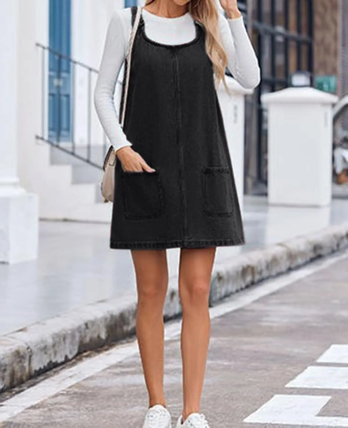 Women's Denim Dress Sleeveless Casual Crewneck Vintage Overall Dress Jean Mini Dresses with Pockets