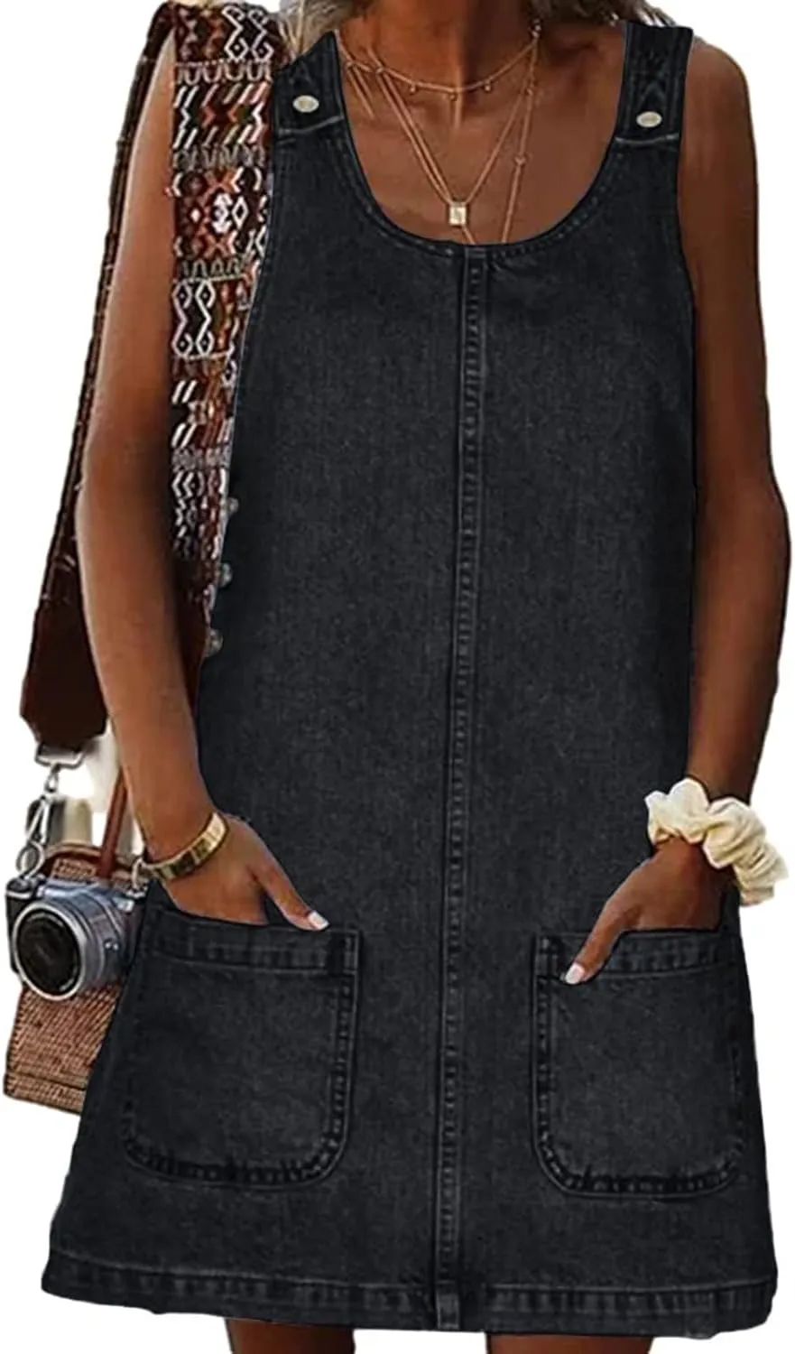 Women's Denim Dress Sleeveless Casual Crewneck Vintage Overall Dress Jean Mini Dresses with Pockets