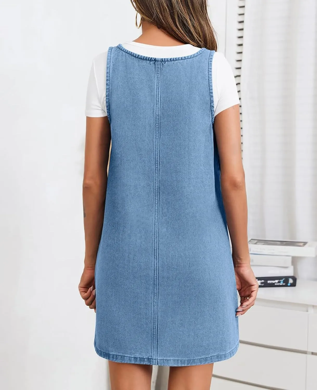 Women's Denim Dress Sleeveless Casual Crewneck Vintage Overall Dress Jean Mini Dresses with Pockets