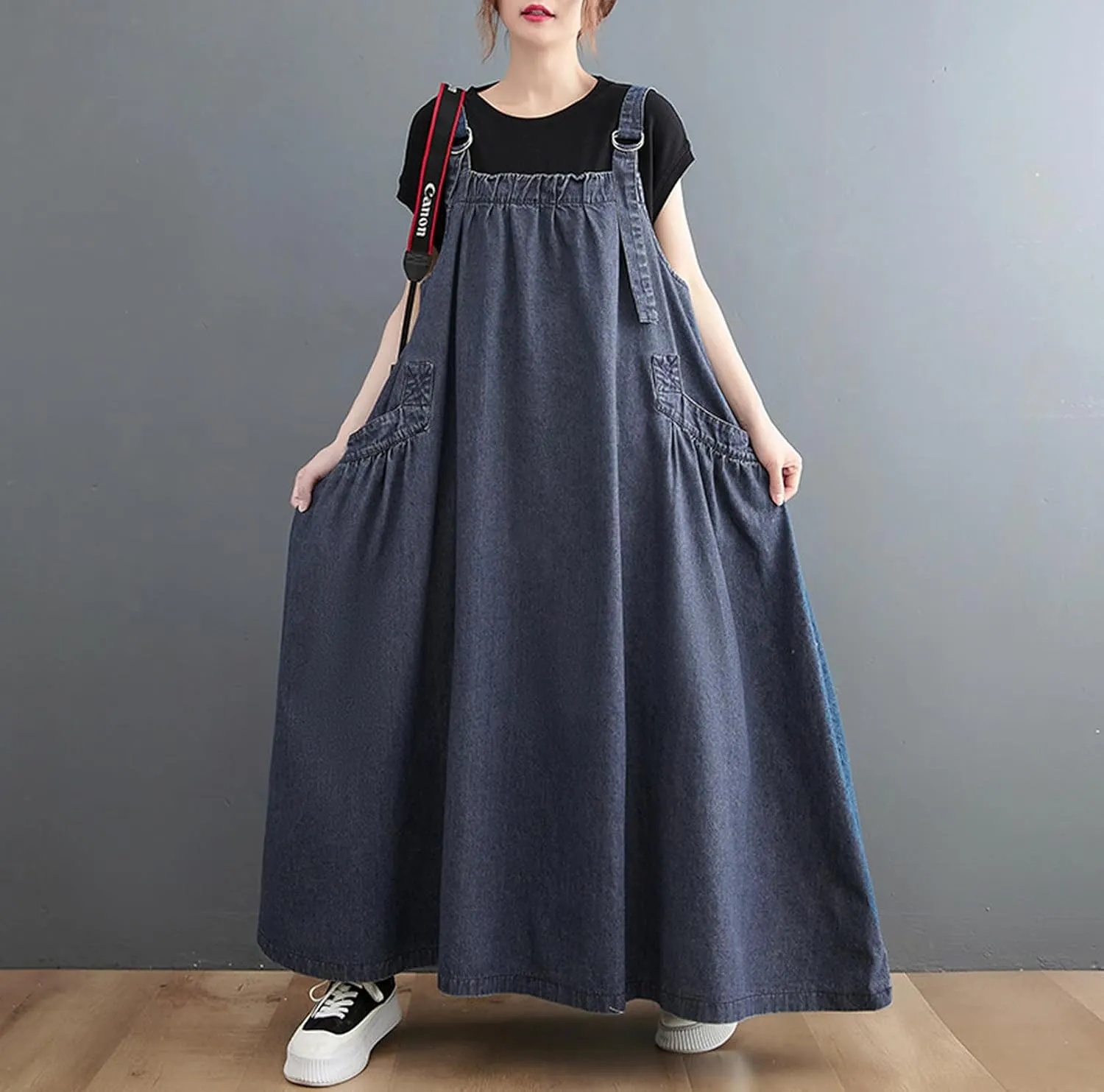 Women's Denim Pullover Casual Loose Sleeveless Adjustable Strap Denim Dress with Pockets and Wide Hem