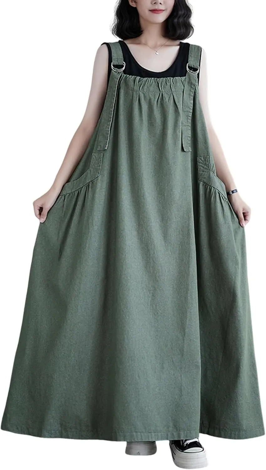 Women's Denim Pullover Casual Loose Sleeveless Adjustable Strap Denim Dress with Pockets and Wide Hem