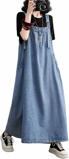 Women's Denim Pullover Casual Loose Sleeveless Adjustable Strap Denim Dress with Pockets and Wide Hem