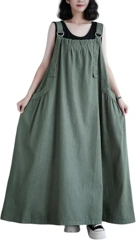Women's Denim Pullover Casual Loose Sleeveless Adjustable Strap Denim Dress with Pockets and Wide Hem