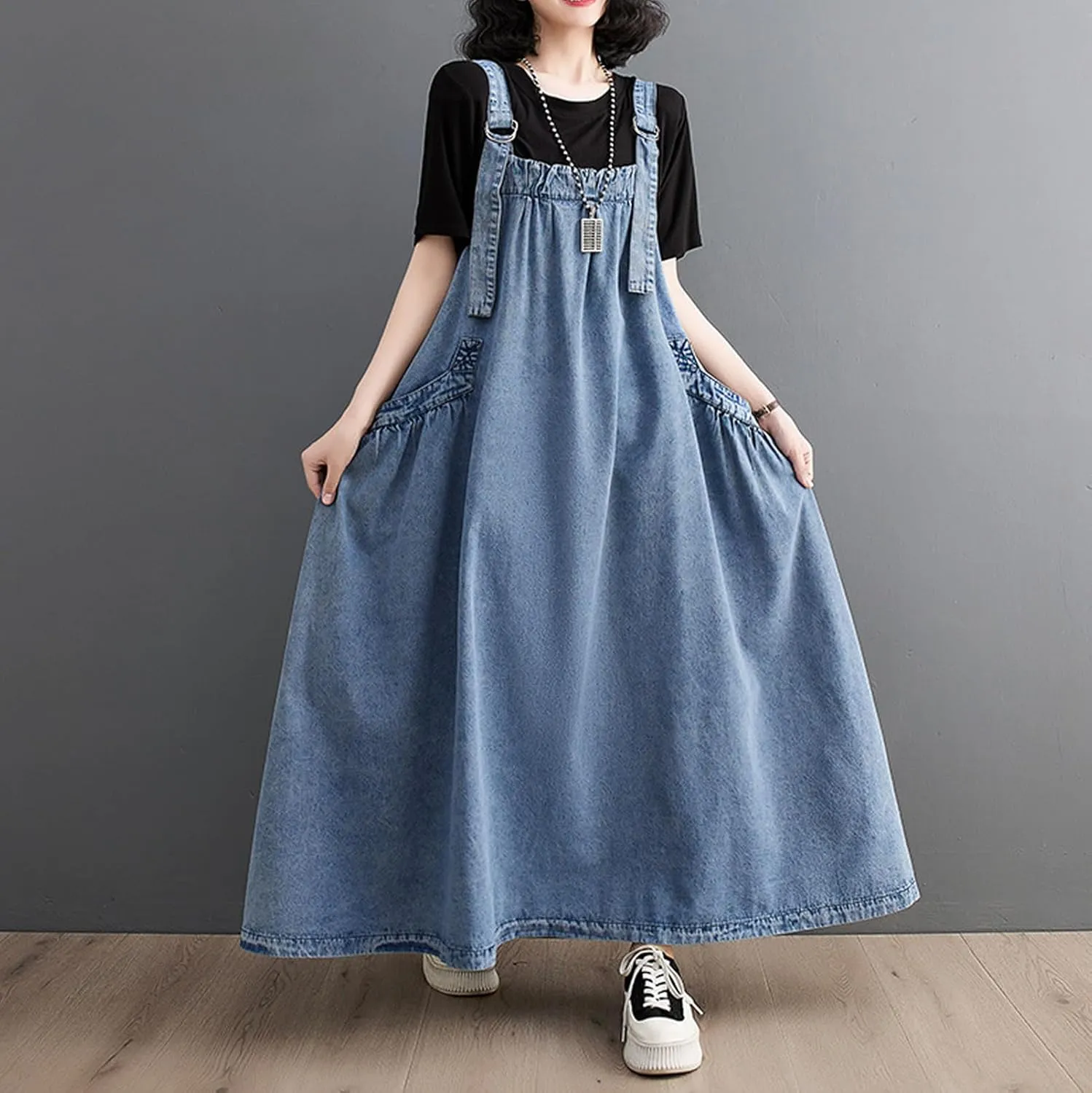 Women's Denim Pullover Casual Loose Sleeveless Adjustable Strap Denim Dress with Pockets and Wide Hem