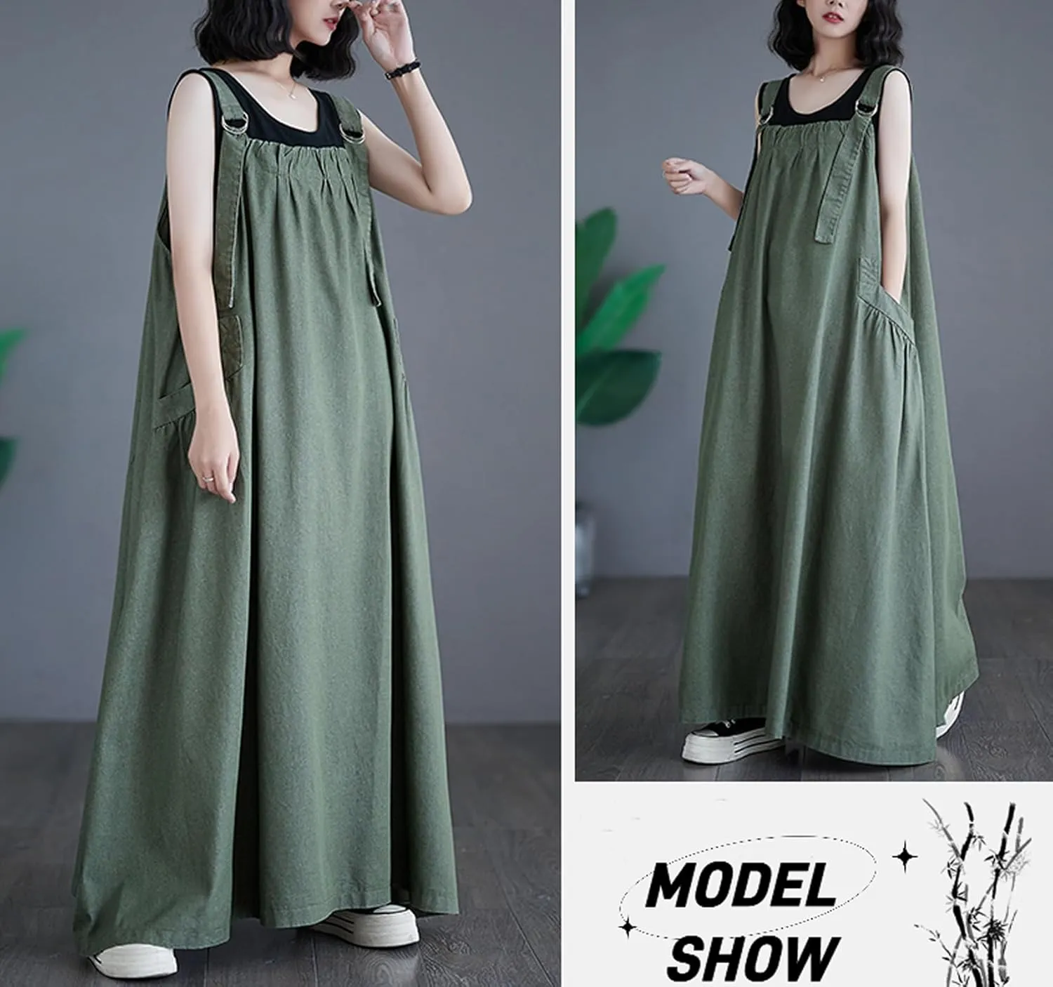 Women's Denim Pullover Casual Loose Sleeveless Adjustable Strap Denim Dress with Pockets and Wide Hem