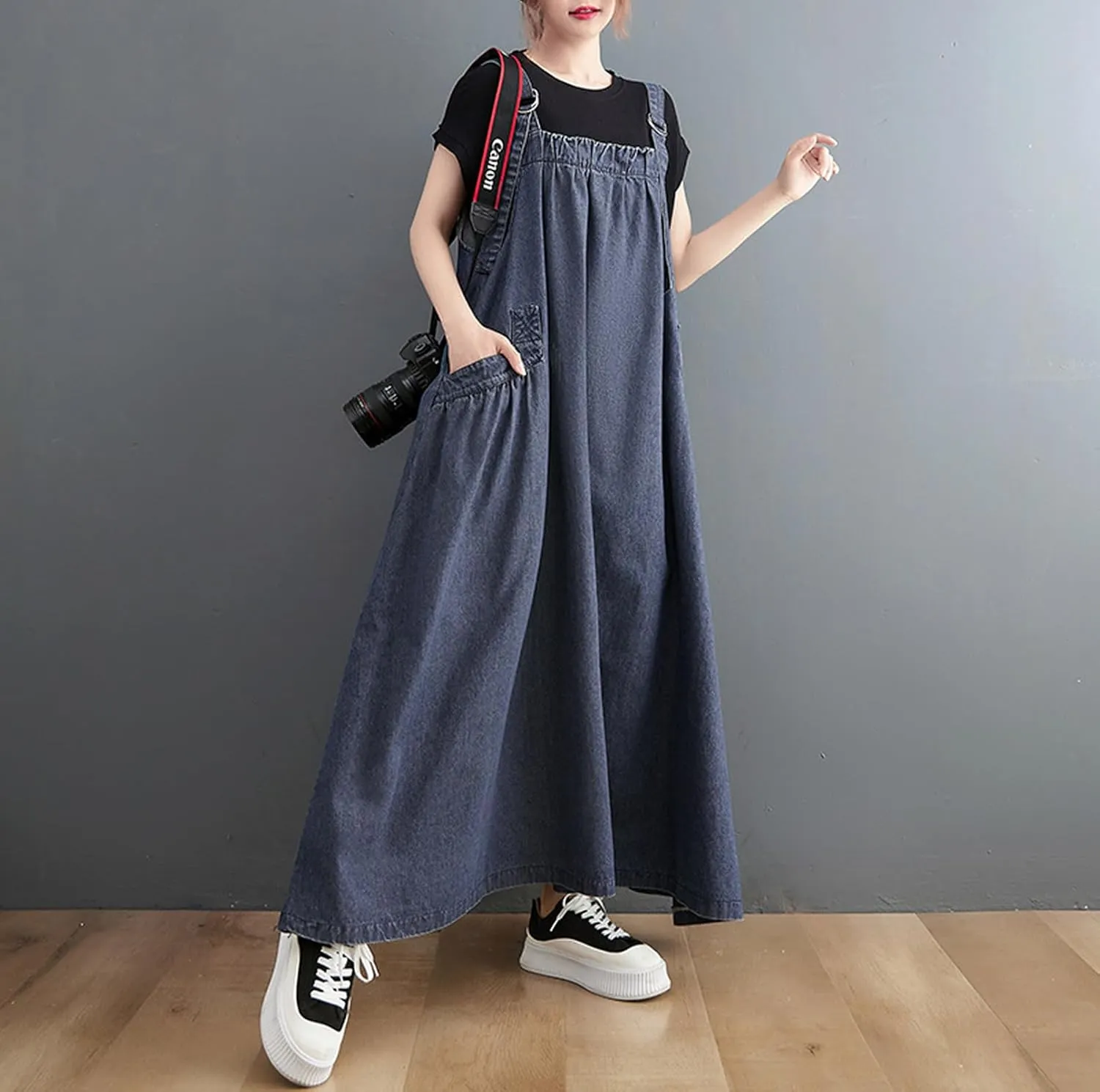 Women's Denim Pullover Casual Loose Sleeveless Adjustable Strap Denim Dress with Pockets and Wide Hem