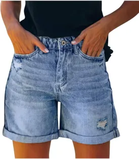 Womens Denim Shorts High Waisted Summer Beach Hot Short Jeans Fashion Ripped Stretchy Cuffed Hem Jean Shorts 2025