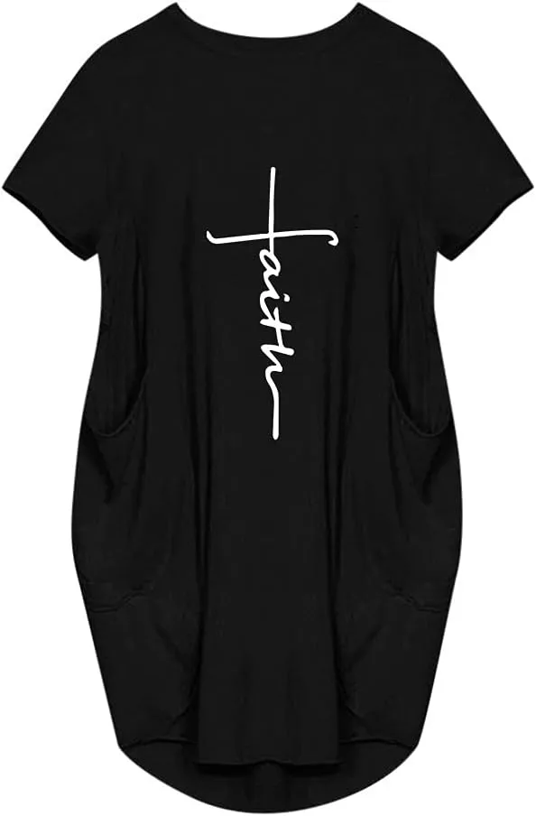 Women's Faith Baggy T-Shirt Dress Casual Oversize Short Sleeve Midi Dresses with Pocket