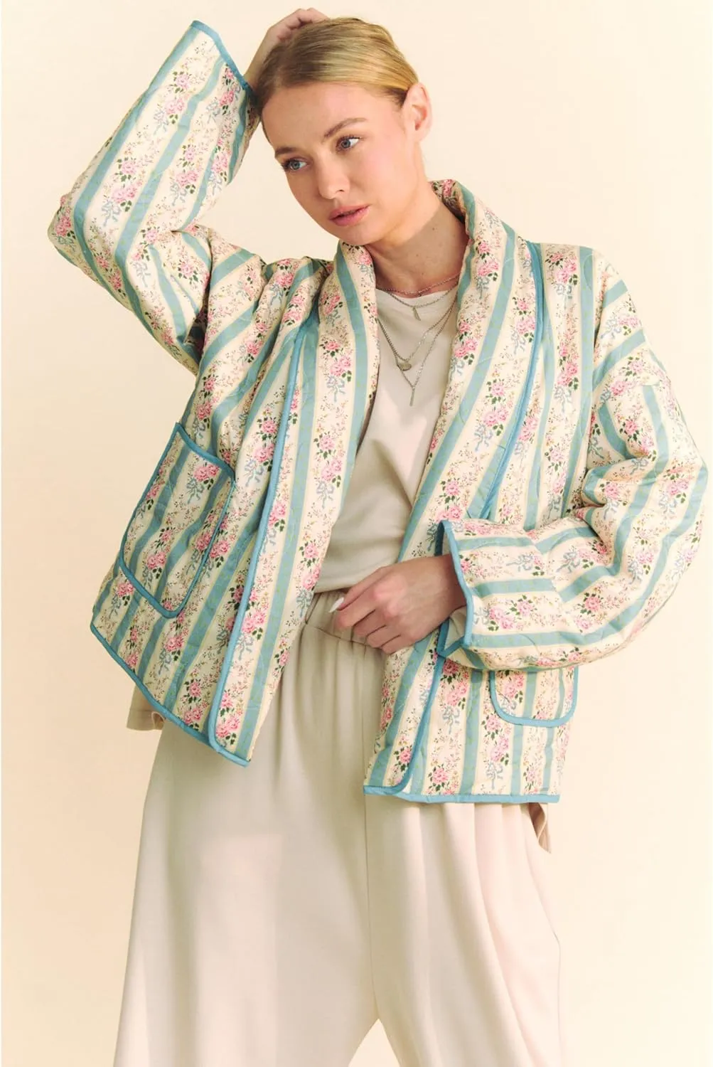 Womens Floral Quilted Jacket Lightweight Padded Outerwear Puffy Cardigan Coat with Pockets