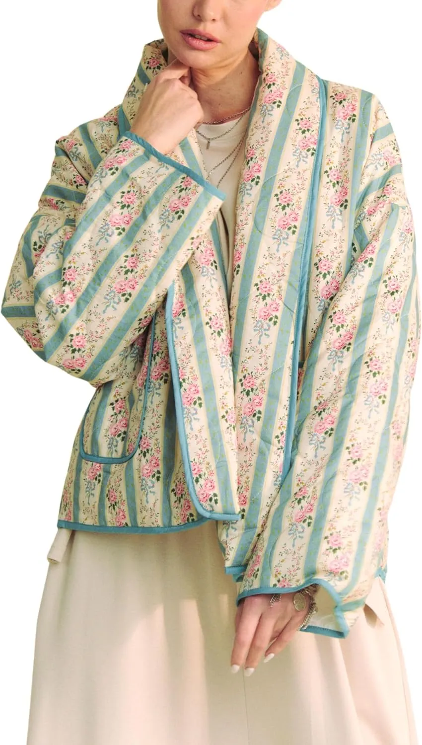 Womens Floral Quilted Jacket Lightweight Padded Outerwear Puffy Cardigan Coat with Pockets