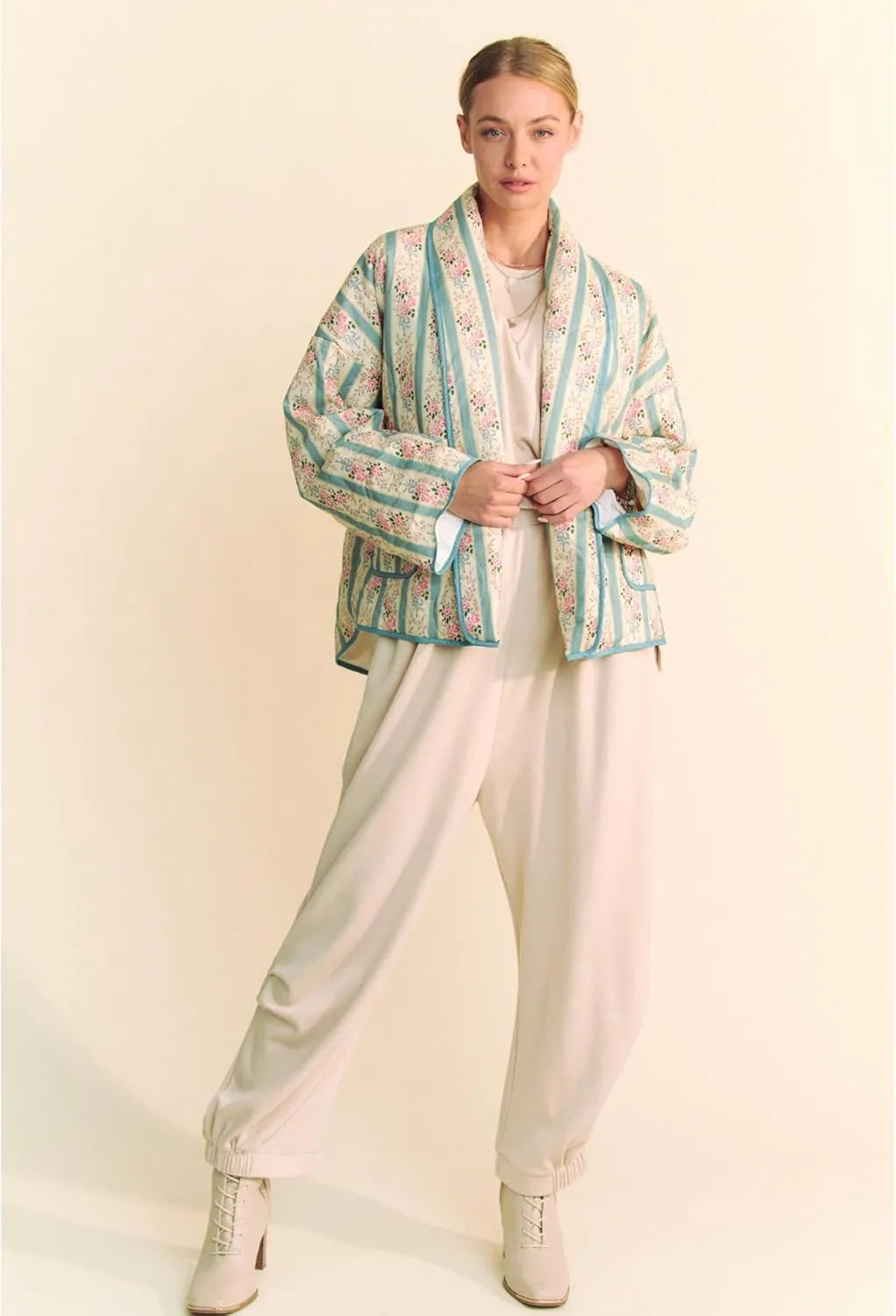 Womens Floral Quilted Jacket Lightweight Padded Outerwear Puffy Cardigan Coat with Pockets