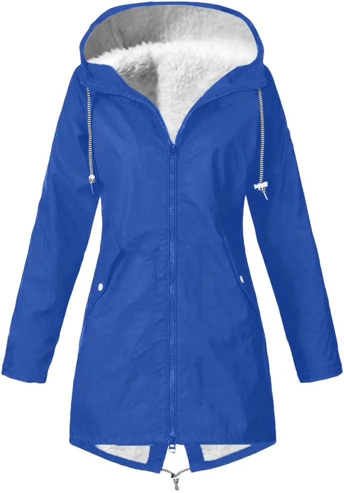 Womens Graceful Zipper Thick Overcoat Long Sleeve Hooded Fleece Coat Warm Casual Soft Raincoat Outdoor Winter Outfits