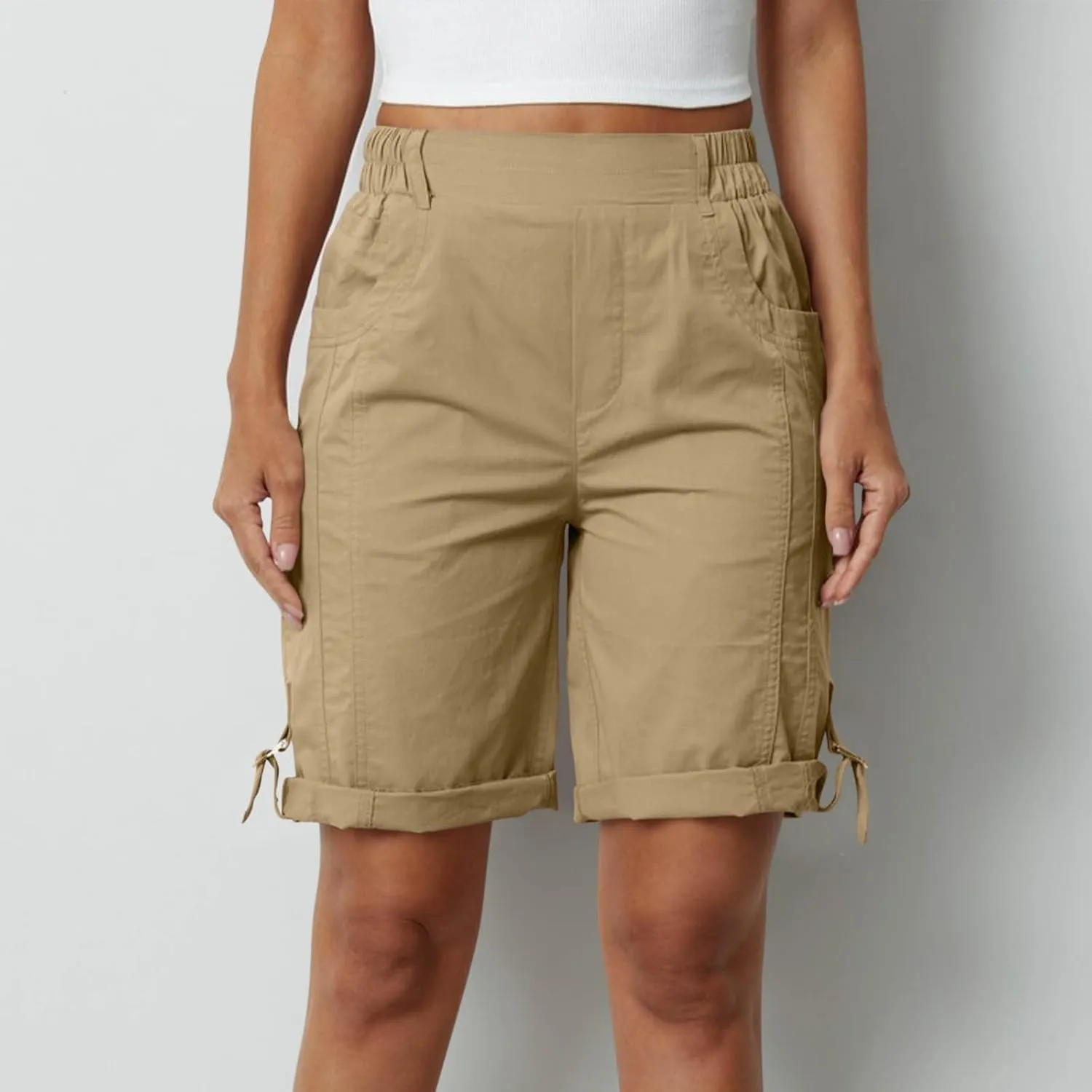 Women's Hiking Cargo Shorts with Pockets Quick Dry Lightweight Elastic High Waist Shorts Cuffed Hem Casual Summer Pant