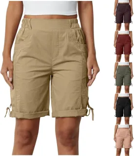 Women's Hiking Cargo Shorts with Pockets Quick Dry Lightweight Elastic High Waist Shorts Cuffed Hem Casual Summer Pant