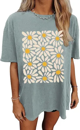 Womens Oversized Tshirt Flower Graphic Tees Nashville Music Short Sleeve Shirts Summer Casual Loose Beach Tops