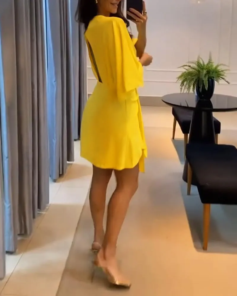 Women's Plunge Deep V Neck Short Bell Sleeve Asymmetrical Hem Draped Casual Office Tunic Mini Dress