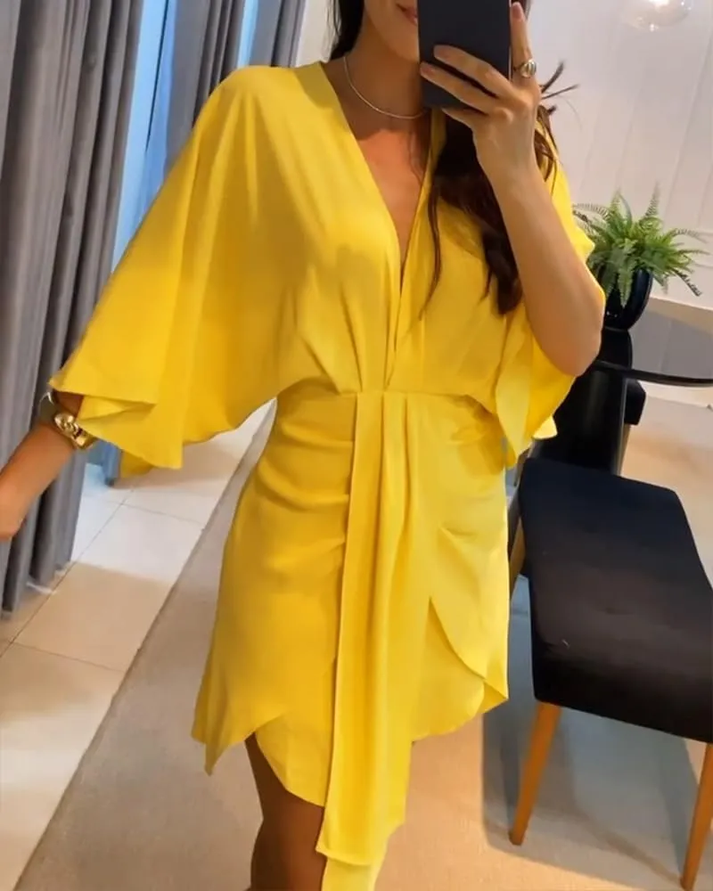 Women's Plunge Deep V Neck Short Bell Sleeve Asymmetrical Hem Draped Casual Office Tunic Mini Dress