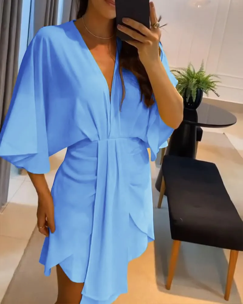 Women's Plunge Deep V Neck Short Bell Sleeve Asymmetrical Hem Draped Casual Office Tunic Mini Dress