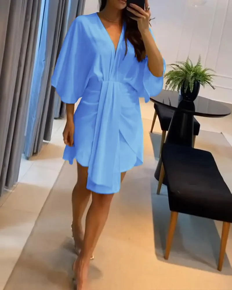 Women's Plunge Deep V Neck Short Bell Sleeve Asymmetrical Hem Draped Casual Office Tunic Mini Dress