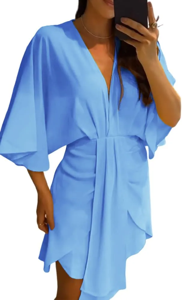 Women's Plunge Deep V Neck Short Bell Sleeve Asymmetrical Hem Draped Casual Office Tunic Mini Dress