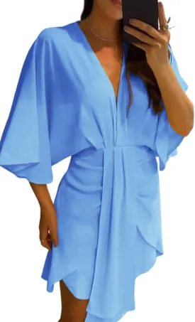 Women's Plunge Deep V Neck Short Bell Sleeve Asymmetrical Hem Draped Casual Office Tunic Mini Dress