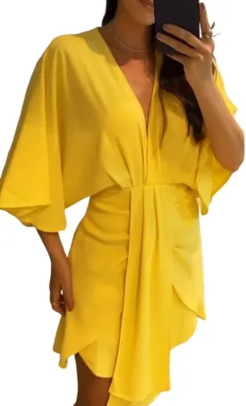 Women's Plunge Deep V Neck Short Bell Sleeve Asymmetrical Hem Draped Casual Office Tunic Mini Dress