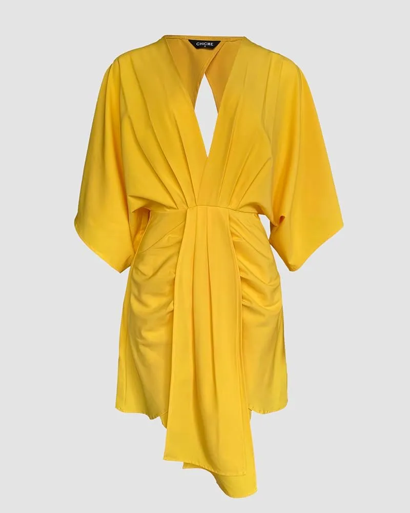 Women's Plunge Deep V Neck Short Bell Sleeve Asymmetrical Hem Draped Casual Office Tunic Mini Dress