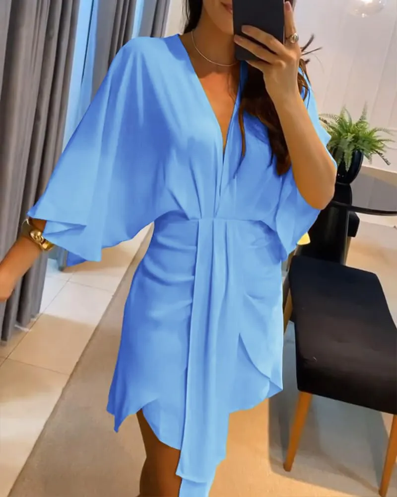 Women's Plunge Deep V Neck Short Bell Sleeve Asymmetrical Hem Draped Casual Office Tunic Mini Dress