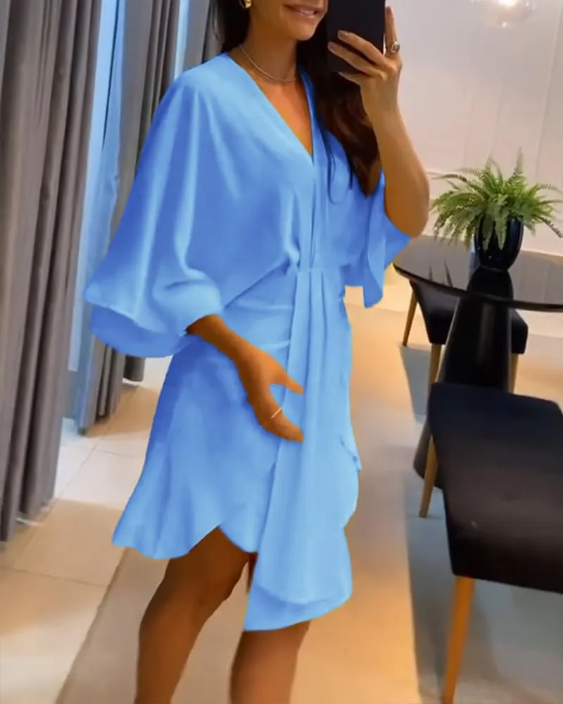Women's Plunge Deep V Neck Short Bell Sleeve Asymmetrical Hem Draped Casual Office Tunic Mini Dress