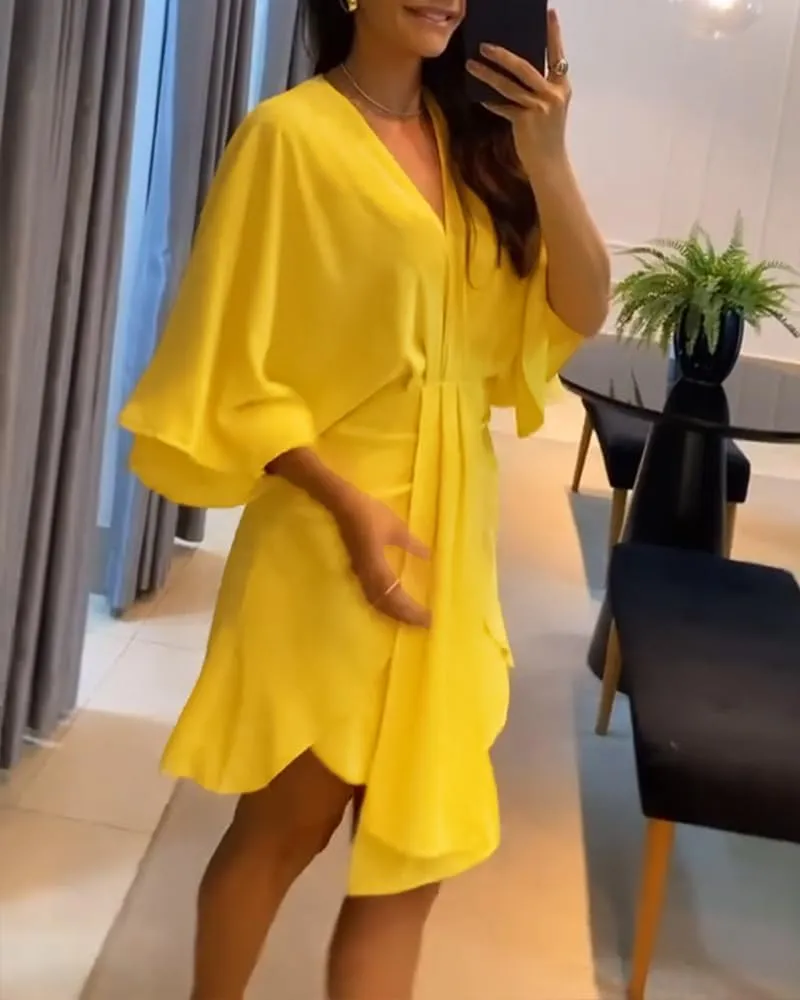 Women's Plunge Deep V Neck Short Bell Sleeve Asymmetrical Hem Draped Casual Office Tunic Mini Dress