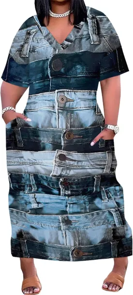 Womens Plus Size Denim 3D Print Fashion Maxi Dresses Casual Soft Tshirt Dress