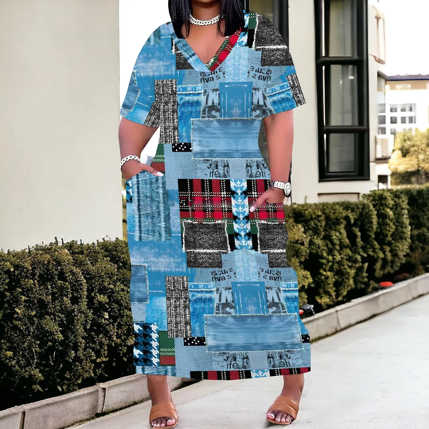 Womens Plus Size Denim 3D Print Fashion Maxi Dresses Casual Soft Tshirt Dress