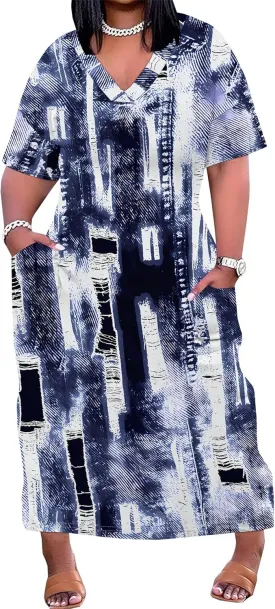 Womens Plus Size Denim 3D Print Fashion Maxi Dresses Casual Soft Tshirt Dress