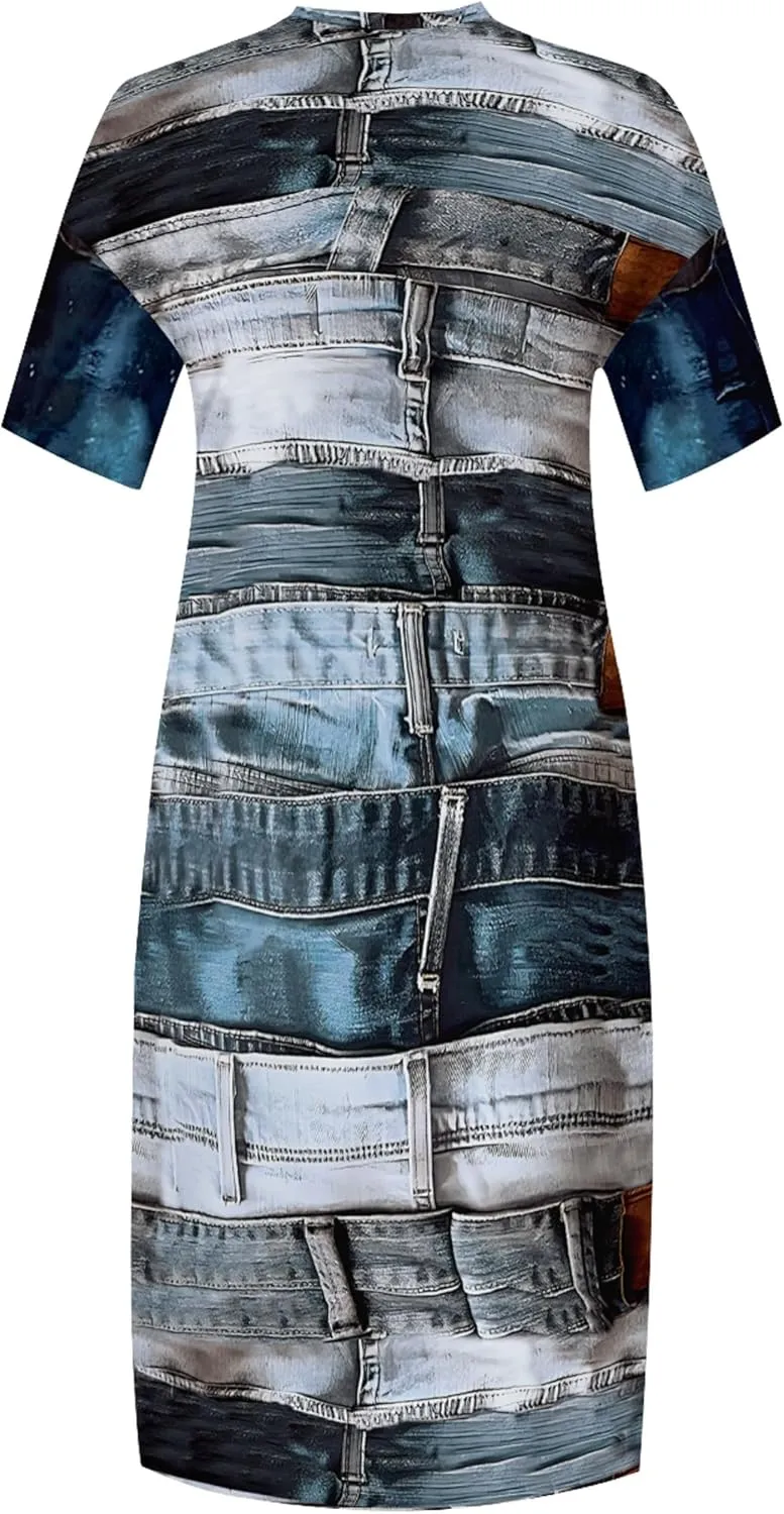 Womens Plus Size Denim 3D Print Fashion Maxi Dresses Casual Soft Tshirt Dress