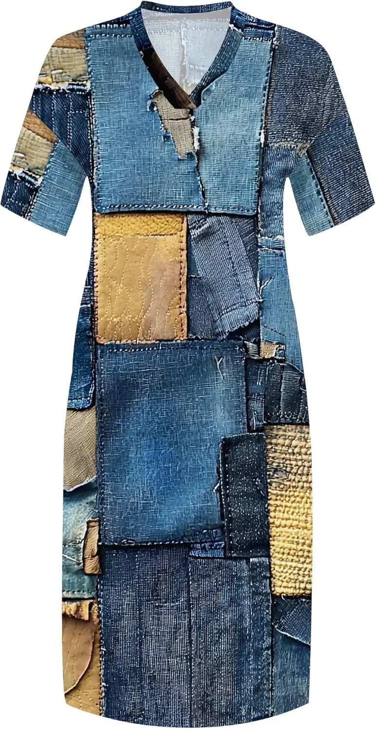 Womens Plus Size Denim 3D Print Fashion Maxi Dresses Casual Soft Tshirt Dress