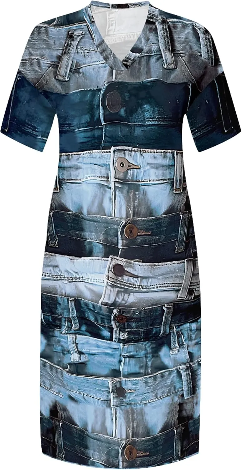 Womens Plus Size Denim 3D Print Fashion Maxi Dresses Casual Soft Tshirt Dress