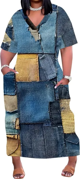 Womens Plus Size Denim 3D Print Fashion Maxi Dresses Casual Soft Tshirt Dress