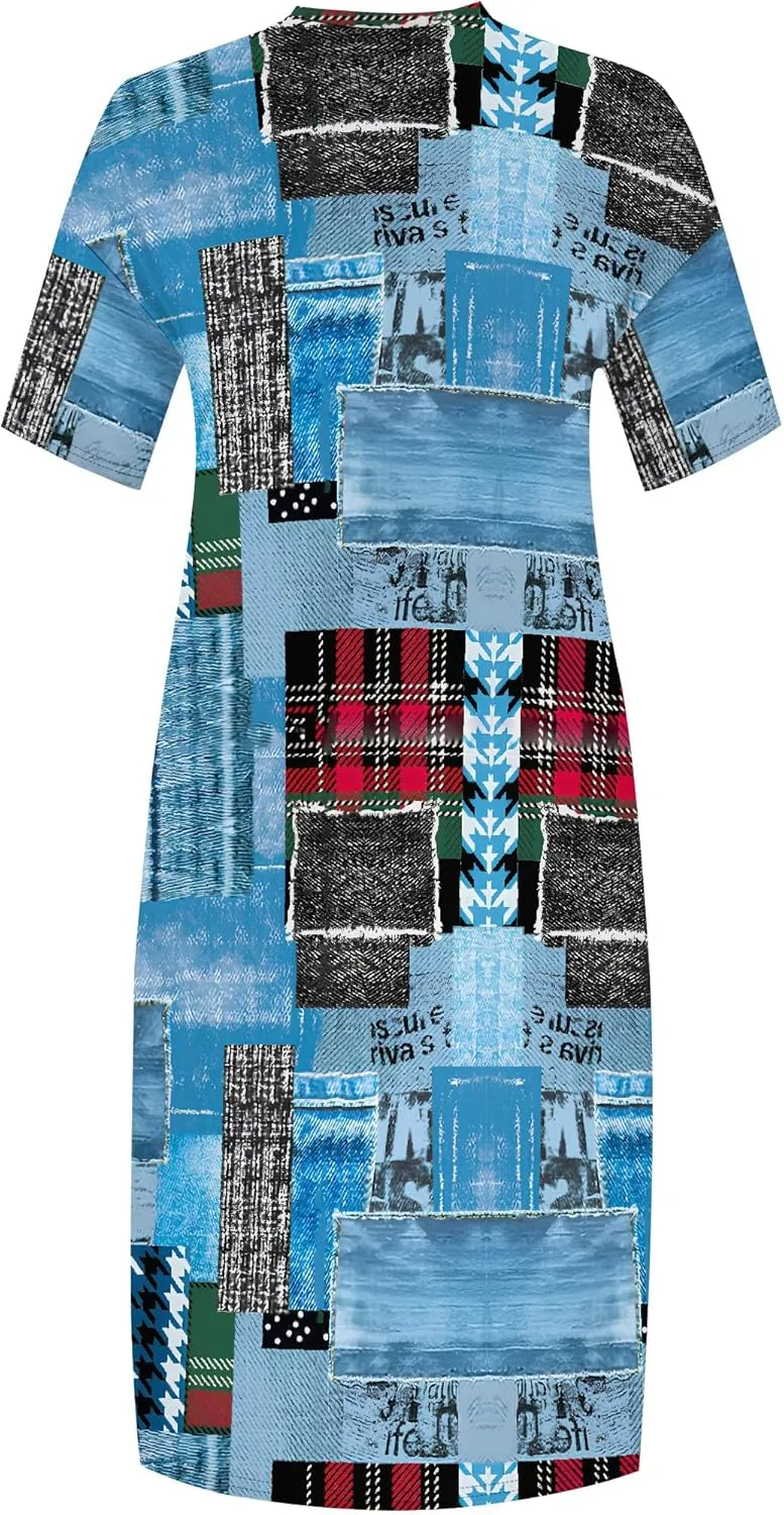 Womens Plus Size Denim 3D Print Fashion Maxi Dresses Casual Soft Tshirt Dress