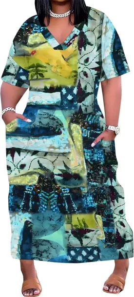 Womens Plus Size Denim 3D Print Fashion Maxi Dresses Casual Soft Tshirt Dress