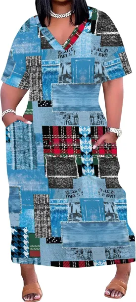 Womens Plus Size Denim 3D Print Fashion Maxi Dresses Casual Soft Tshirt Dress