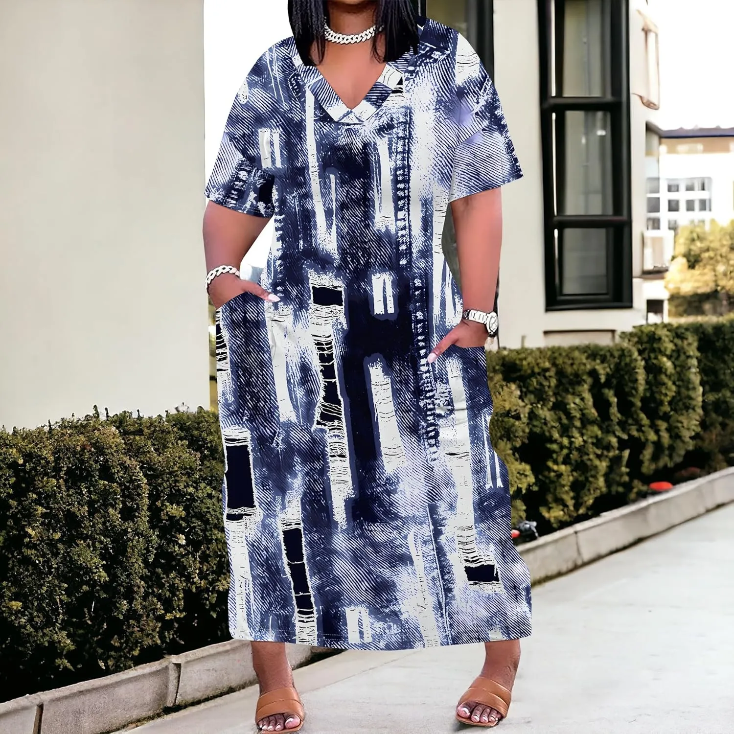 Womens Plus Size Denim 3D Print Fashion Maxi Dresses Casual Soft Tshirt Dress