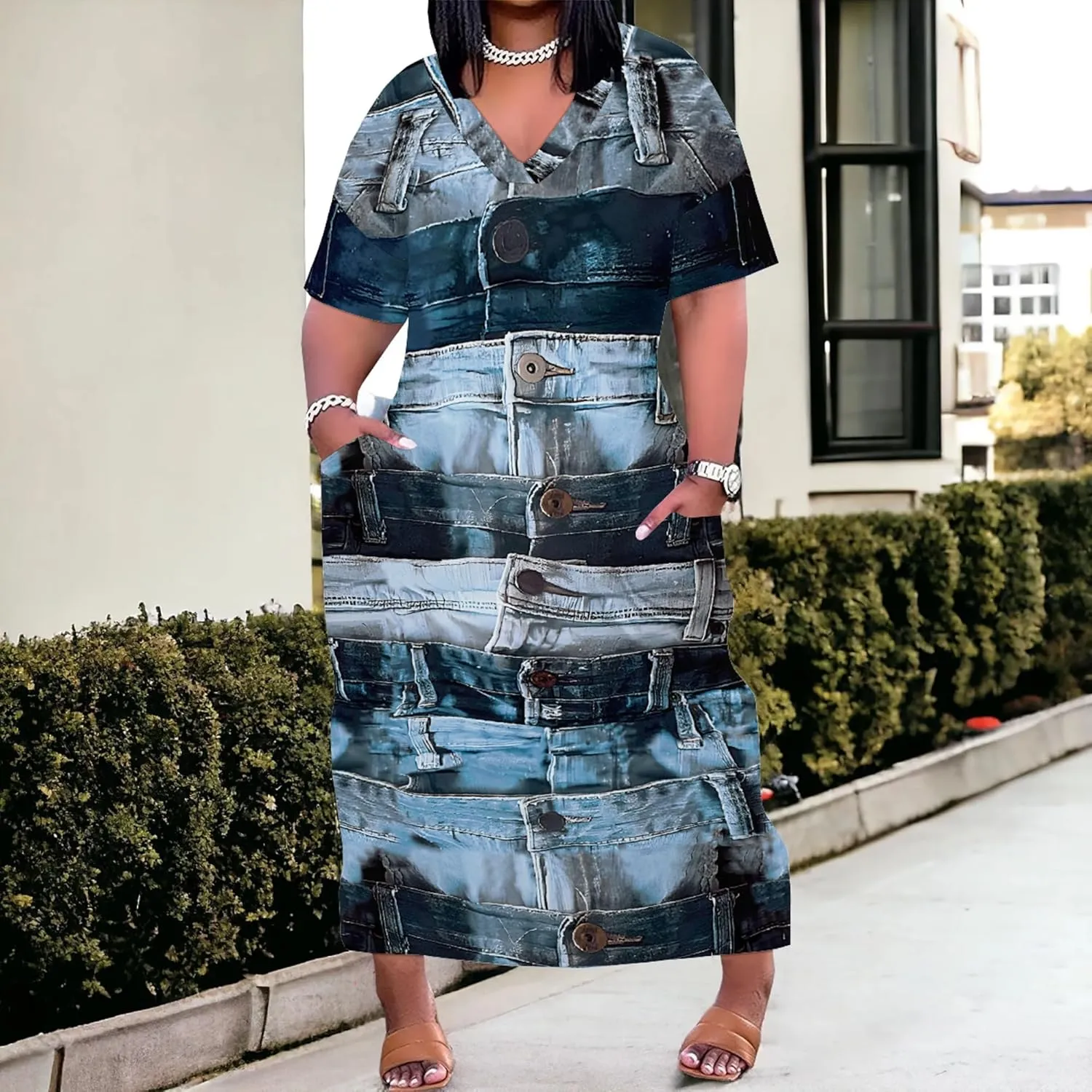 Womens Plus Size Denim 3D Print Fashion Maxi Dresses Casual Soft Tshirt Dress