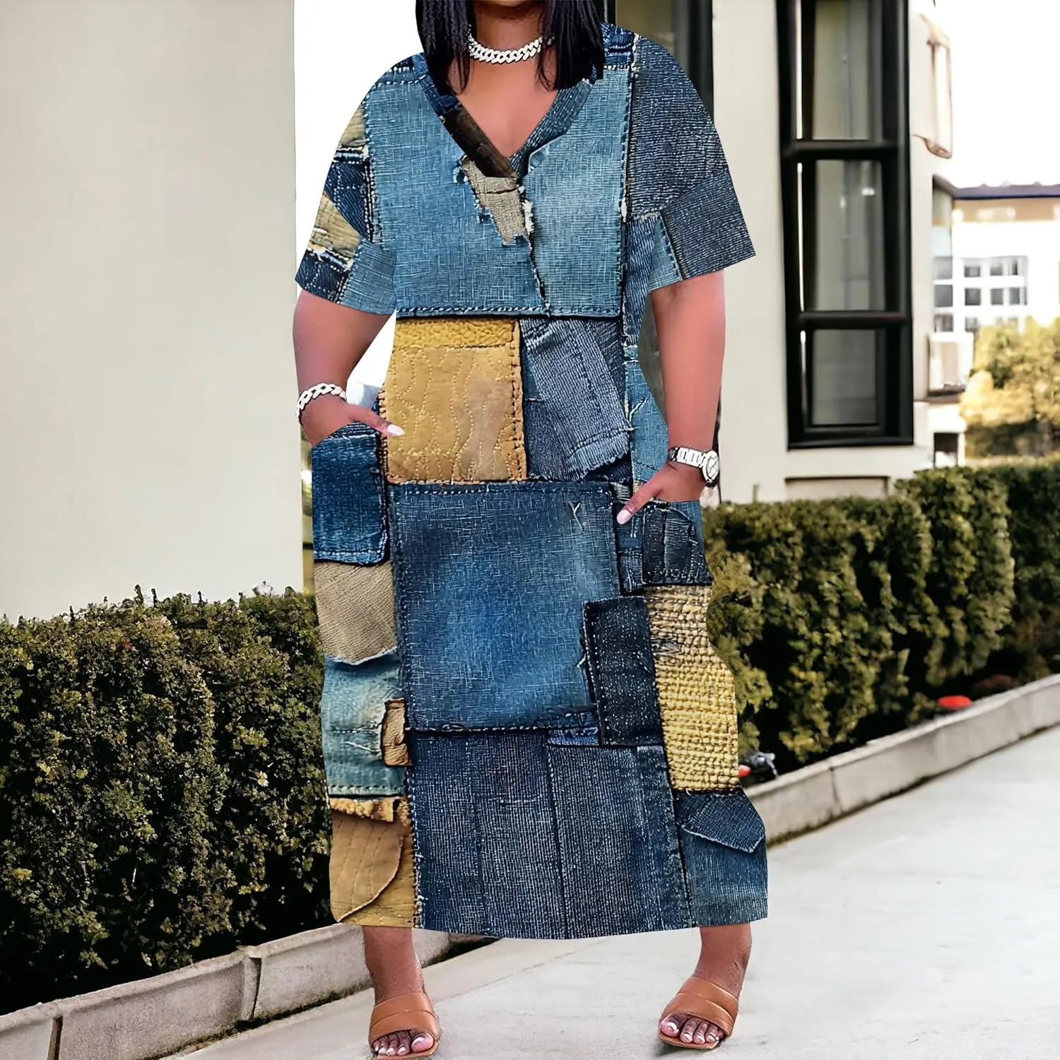 Womens Plus Size Denim 3D Print Fashion Maxi Dresses Casual Soft Tshirt Dress