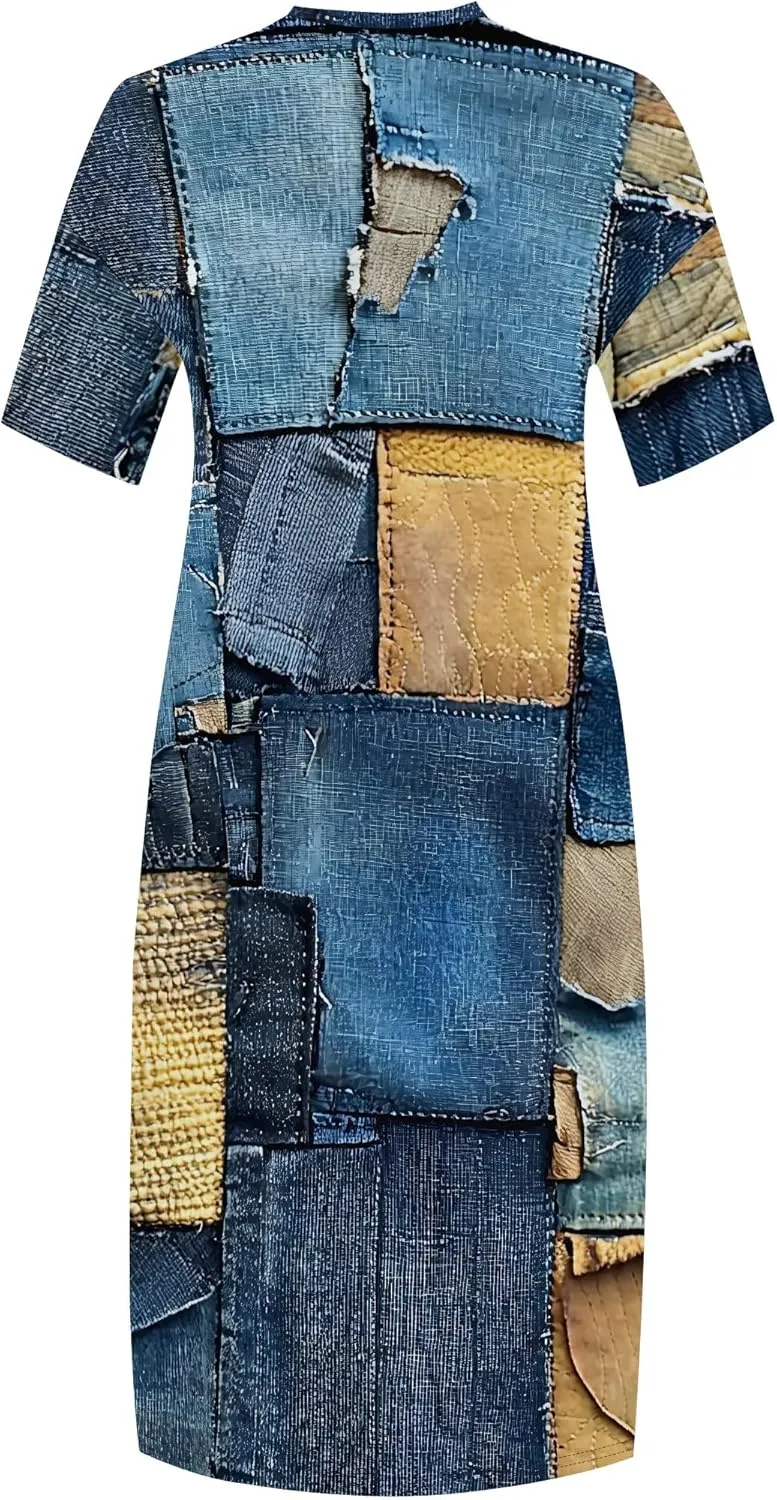 Womens Plus Size Denim 3D Print Fashion Maxi Dresses Casual Soft Tshirt Dress
