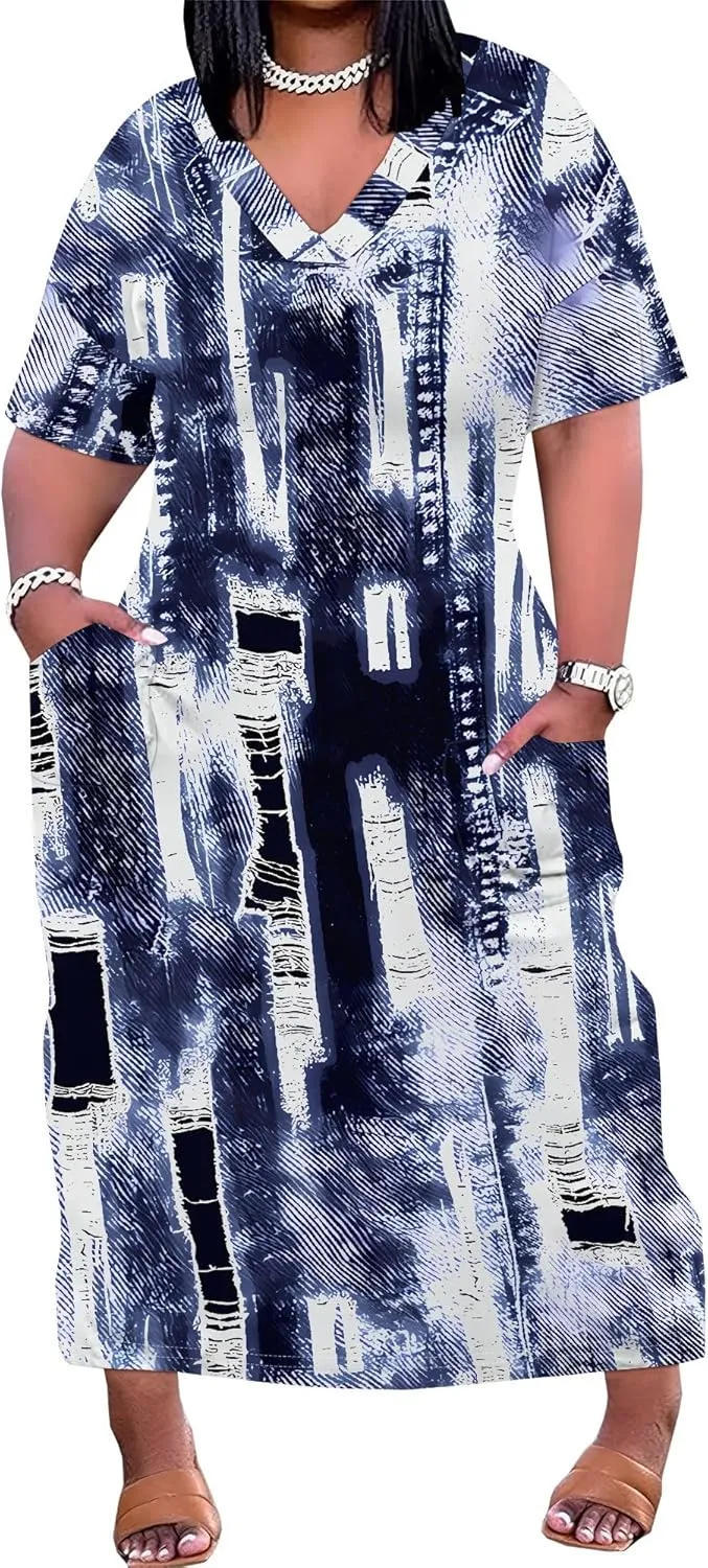 Womens Plus Size Denim 3D Print Fashion Maxi Dresses Casual Soft Tshirt Dress