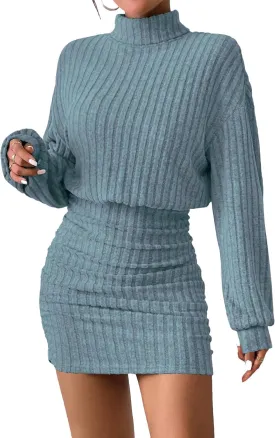 Women's Pullover Sweater Dress Long Lantern Sleeve Turtle Neck Cute Ribbed Knit Bodycon Mini Short Dress 2024 Fall
