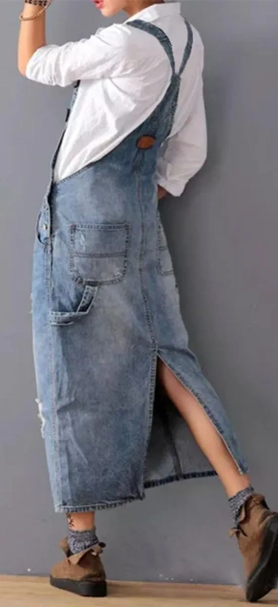 Womens Ripped Jean Overall Dress Summer Adjustable Straps Bib Split Distressed Denim Long Dress with Pockets