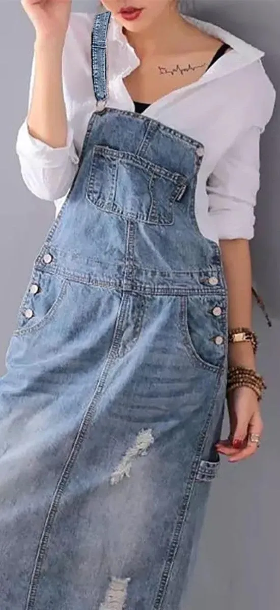 Womens Ripped Jean Overall Dress Summer Adjustable Straps Bib Split Distressed Denim Long Dress with Pockets